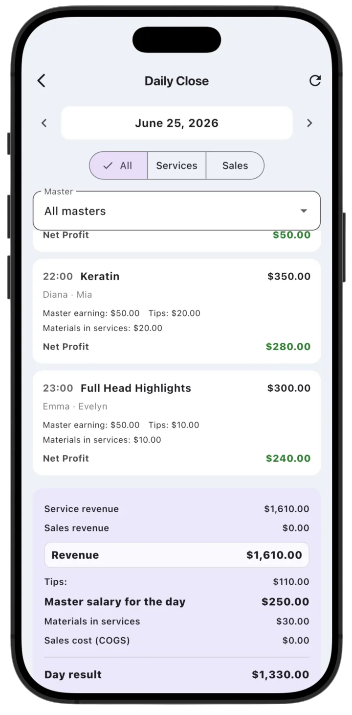 LedgerBoss daily close report with services, payroll, and day result