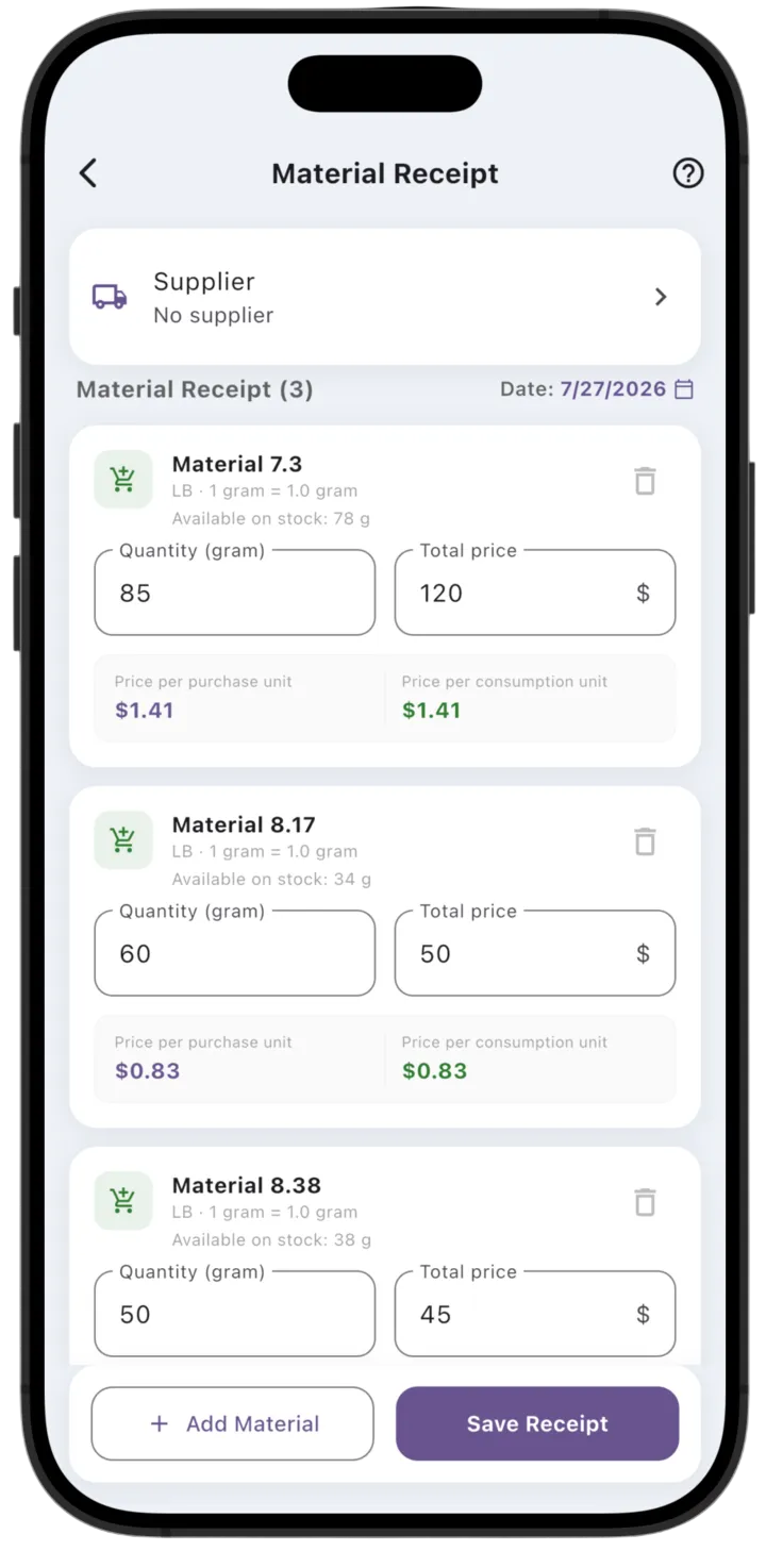 LedgerBoss material receipt with quantities and purchase prices