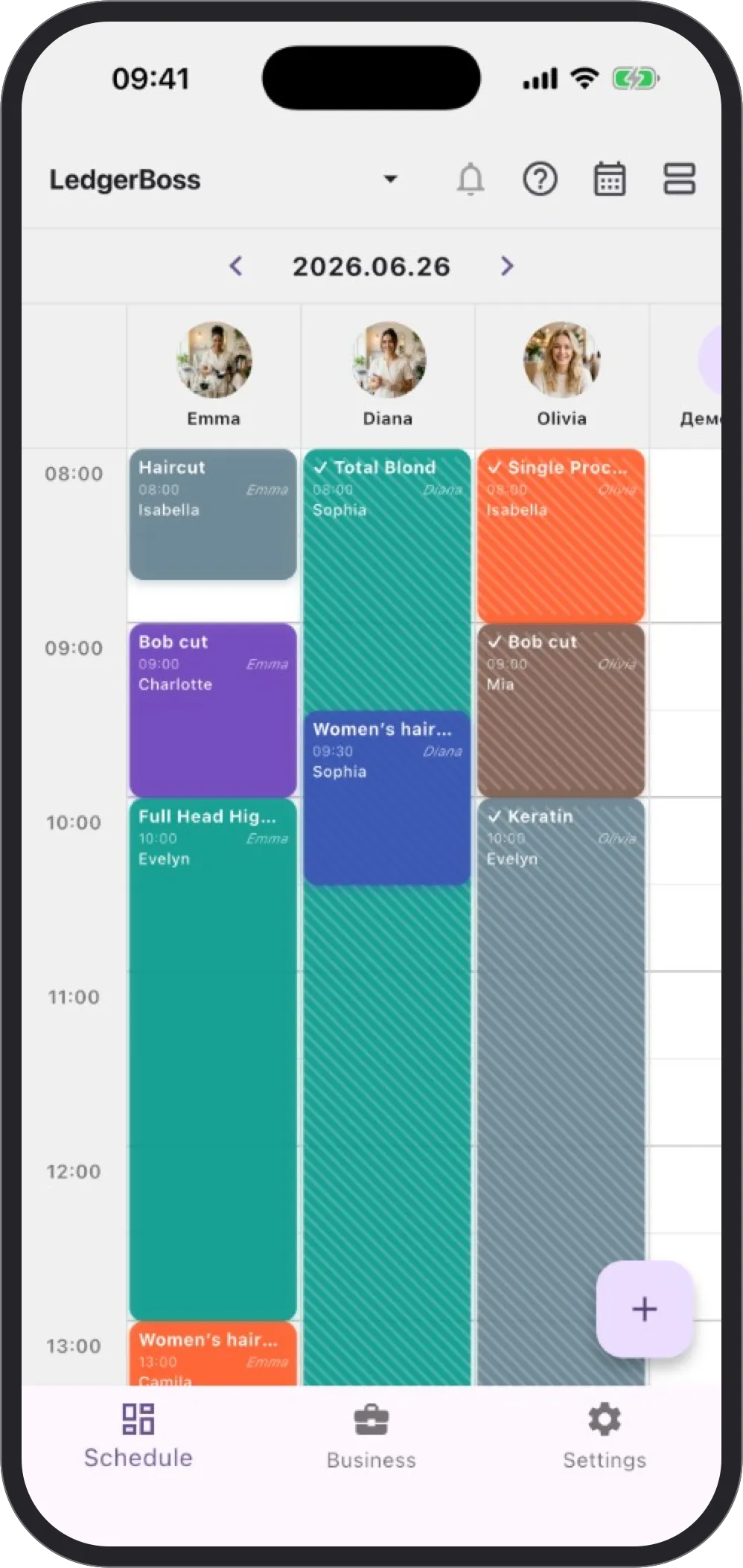 LedgerBoss staff schedule with appointments by specialist
