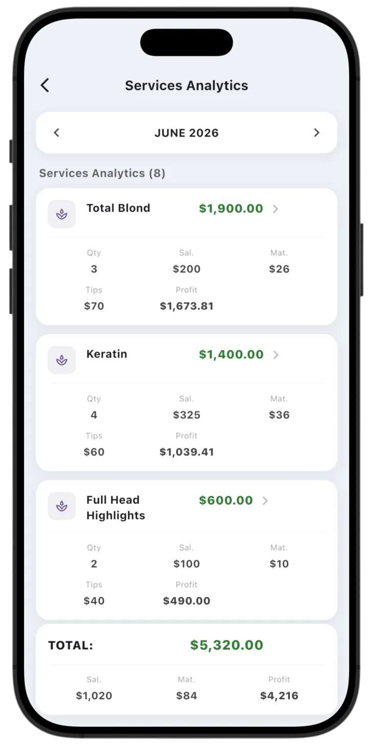 LedgerBoss services analytics with quantity, salary, materials, and profit