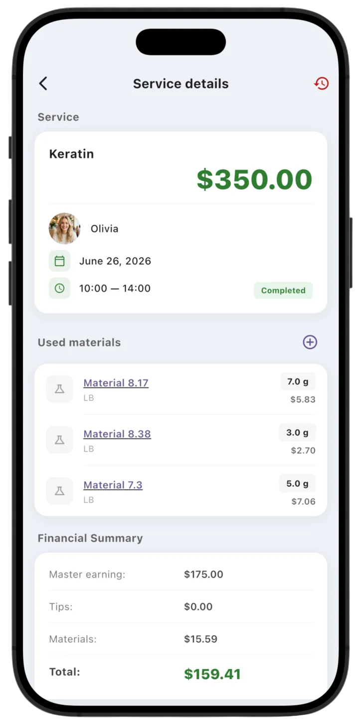 LedgerBoss completed service with used materials and financial summary