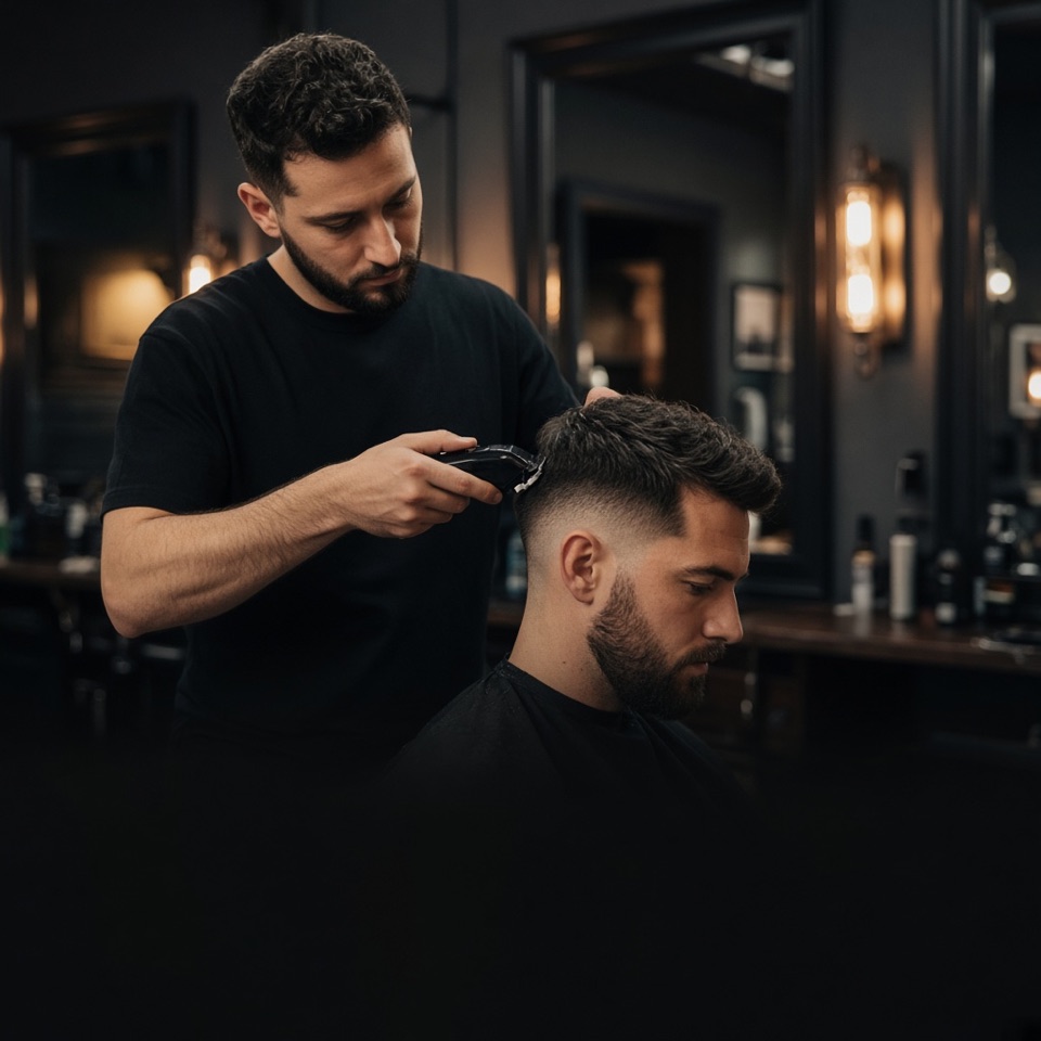 Barber cutting a client's hair in a barbershop
