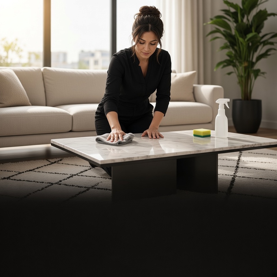 Cleaner wiping a table in a bright living room