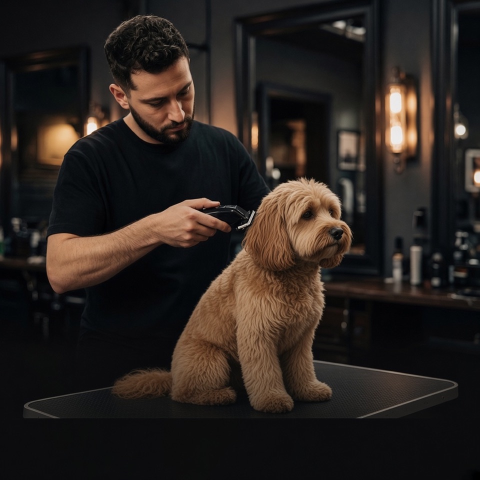Groomer trimming a dog in a salon