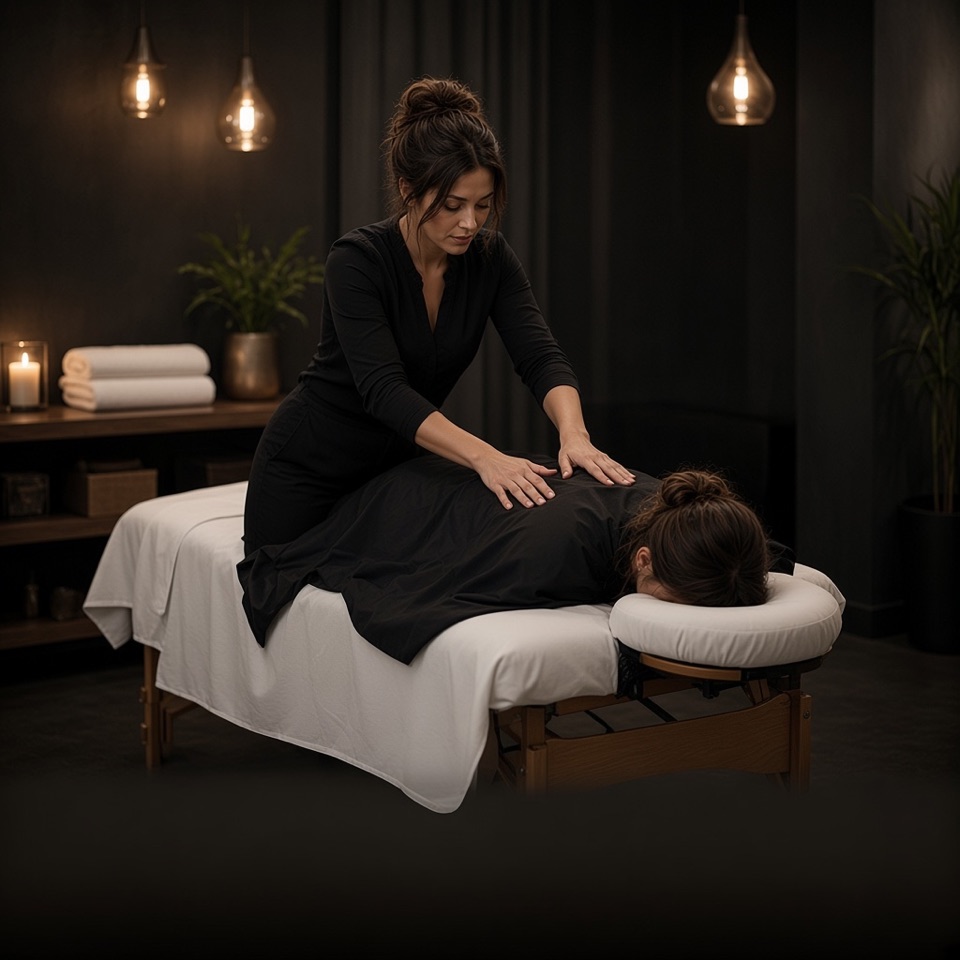 Massage therapist working with a client in a massage room