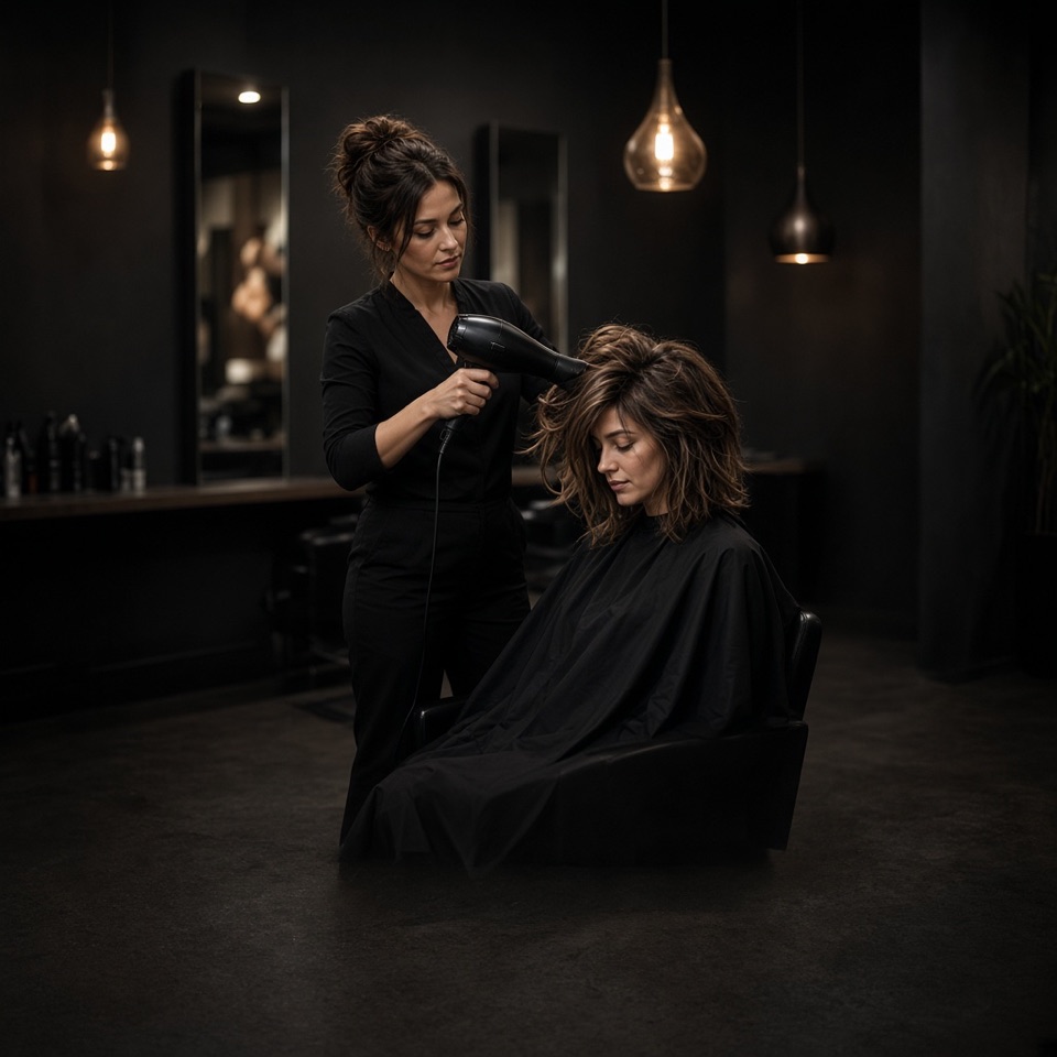 Hair stylist drying a client's hair in a salon