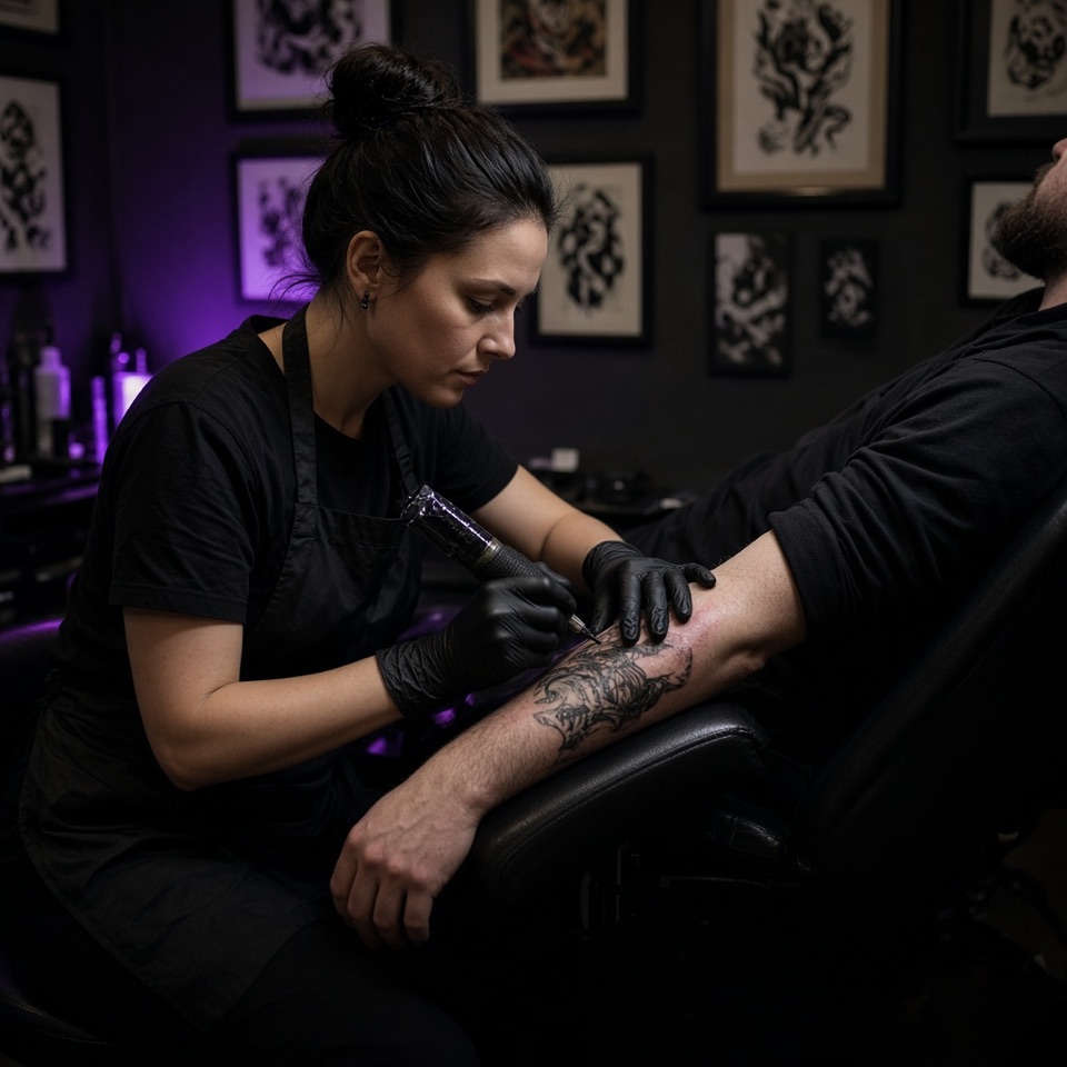 Tattoo artist working on a client in a studio