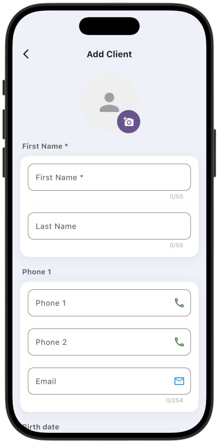 Screenshot: On this screen fill in the required **First Name** field; other fields are optional.