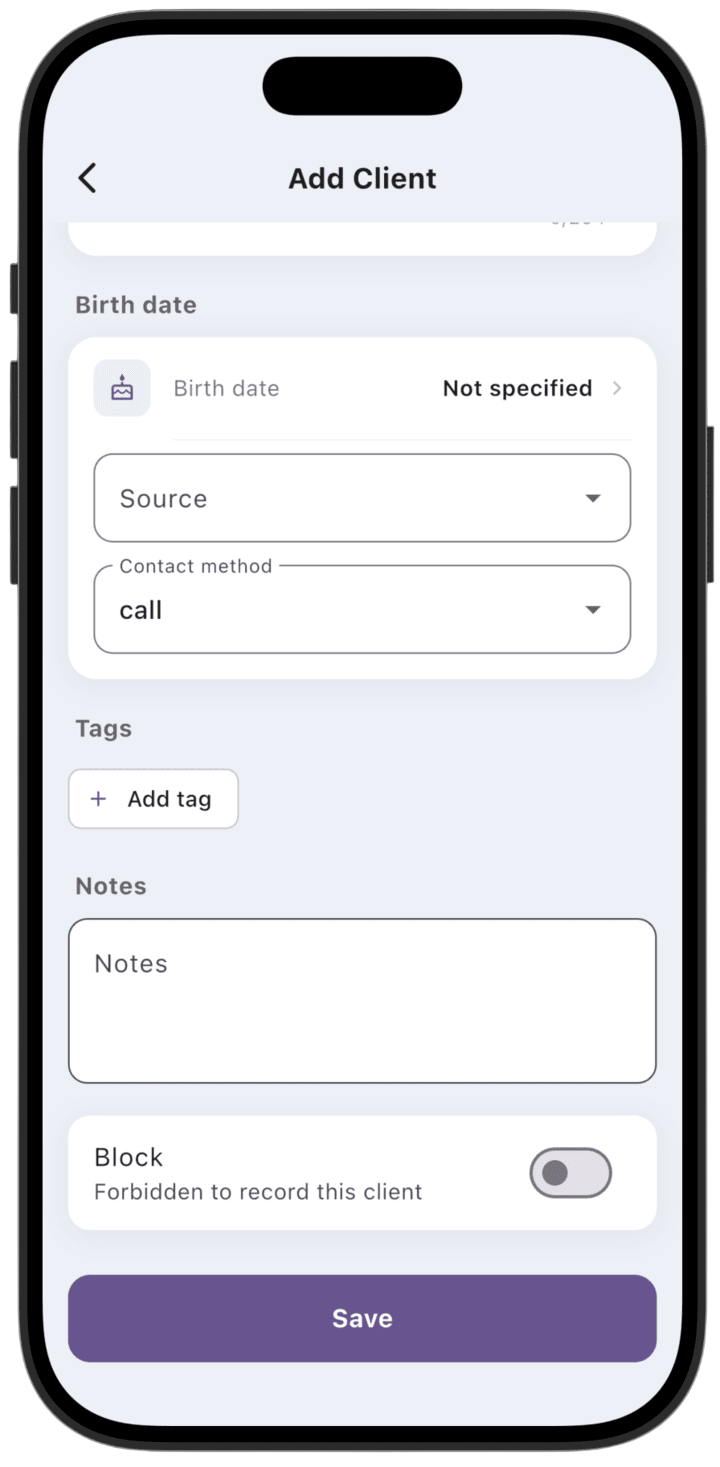 Screenshot: After filling in the required fields, tap **Save** at the bottom of the screen. The new profile is saved and appears in your client list.