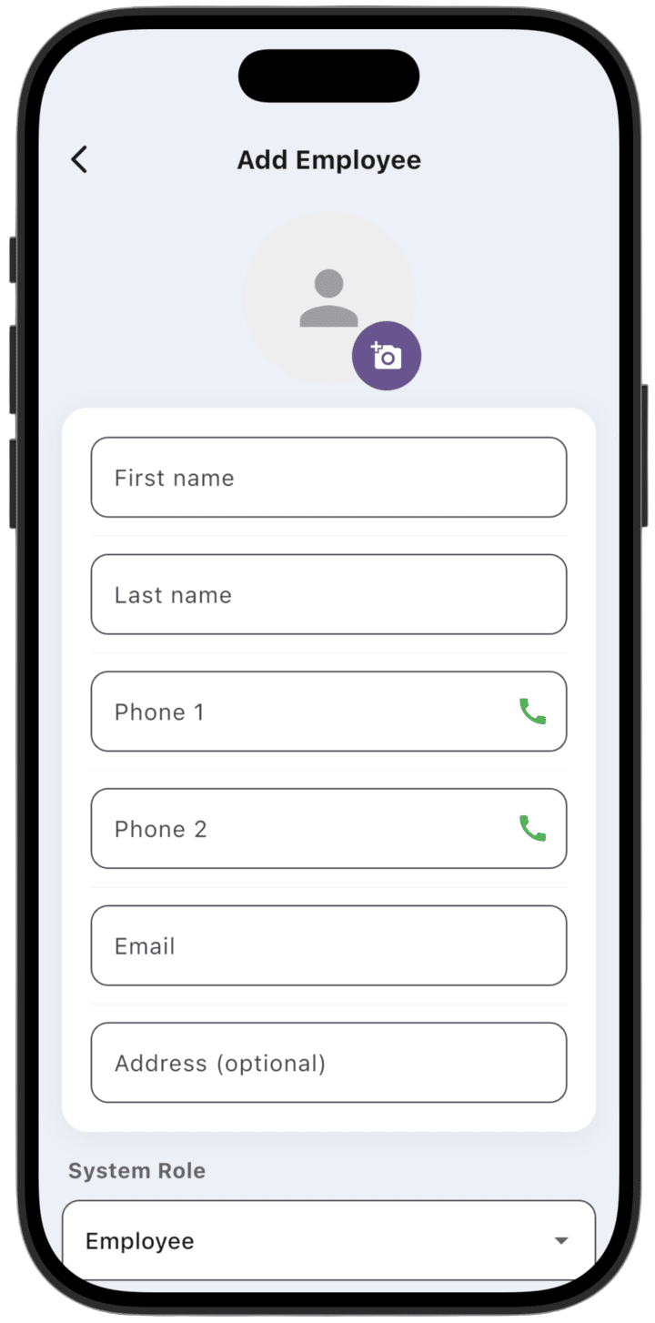 Screenshot: When creating an employee profile manually, enter **First Name** — this is a required field.