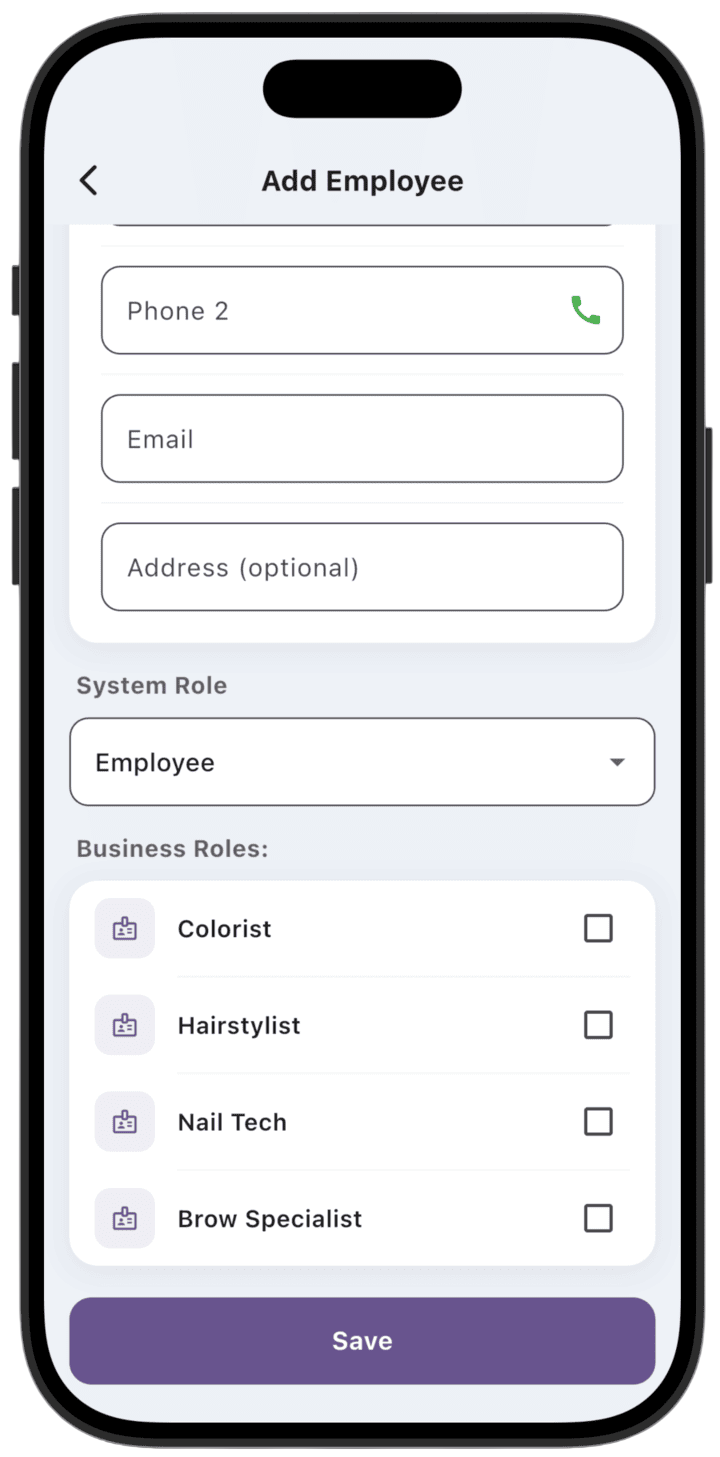 Screenshot: Select system role (System Role) and specify business roles (Business Roles)