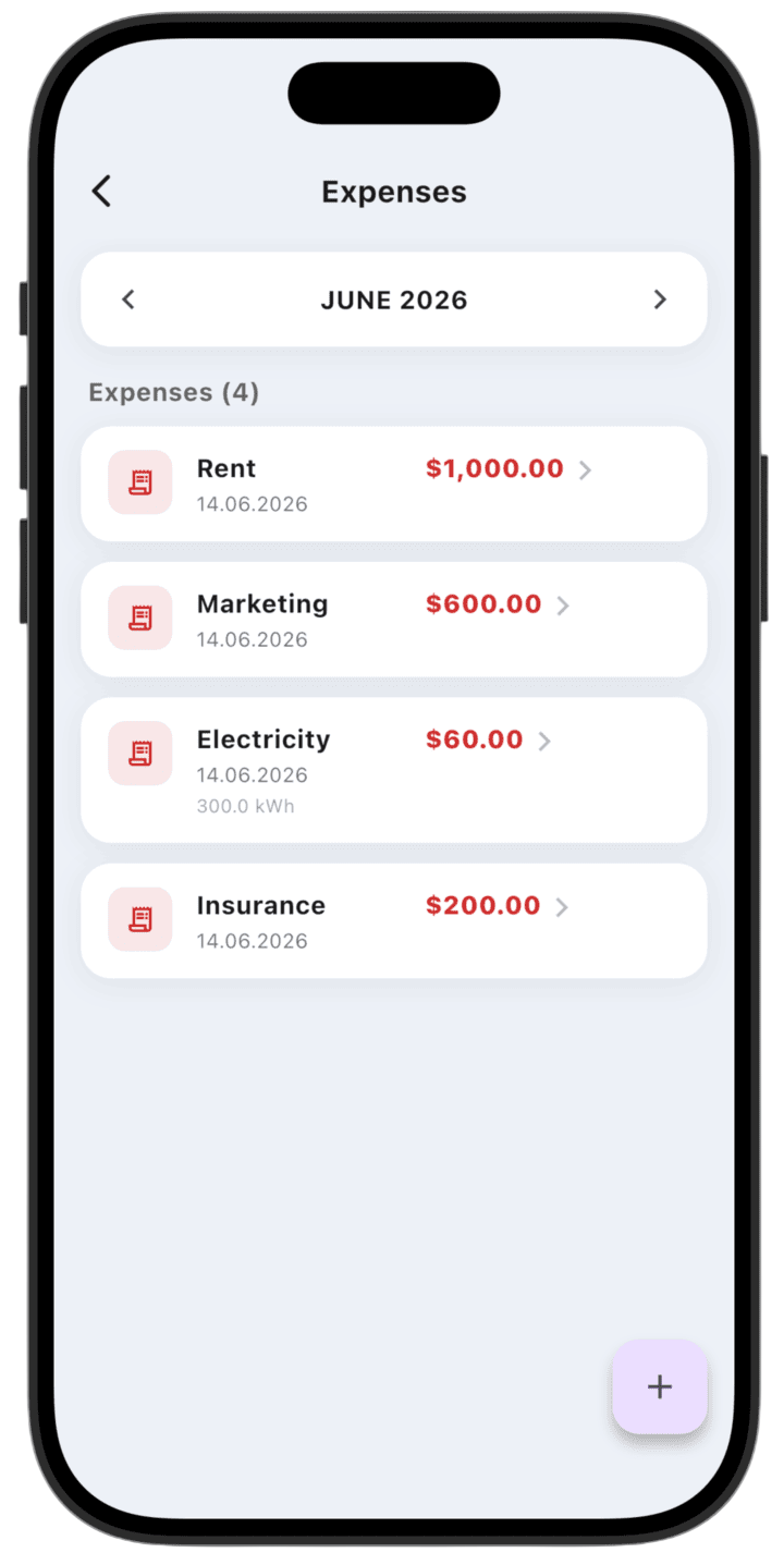 Screenshot: To record an expense, tap the + button in the bottom-right corner.
