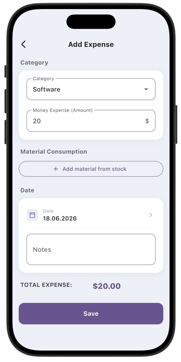 Screenshot: Select the expense category and amount. If needed, you can consume materials for this expense with **+ Add material from stock** and enter quantity in consumption units. Tap **Save**.
