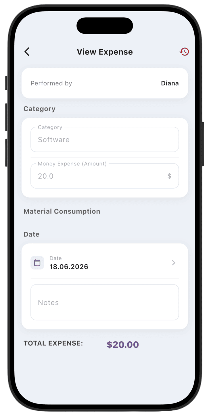 Screenshot: To reverse an expense entry, open the expense view and tap **Storno** in the top-right corner.