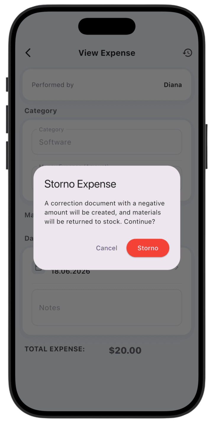 Screenshot: Confirm with **Storno**.