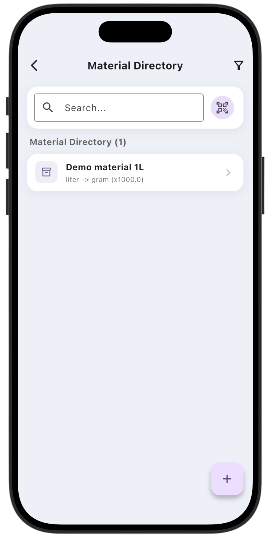 Screenshot: To add a new material, tap the + button at the bottom of the screen.