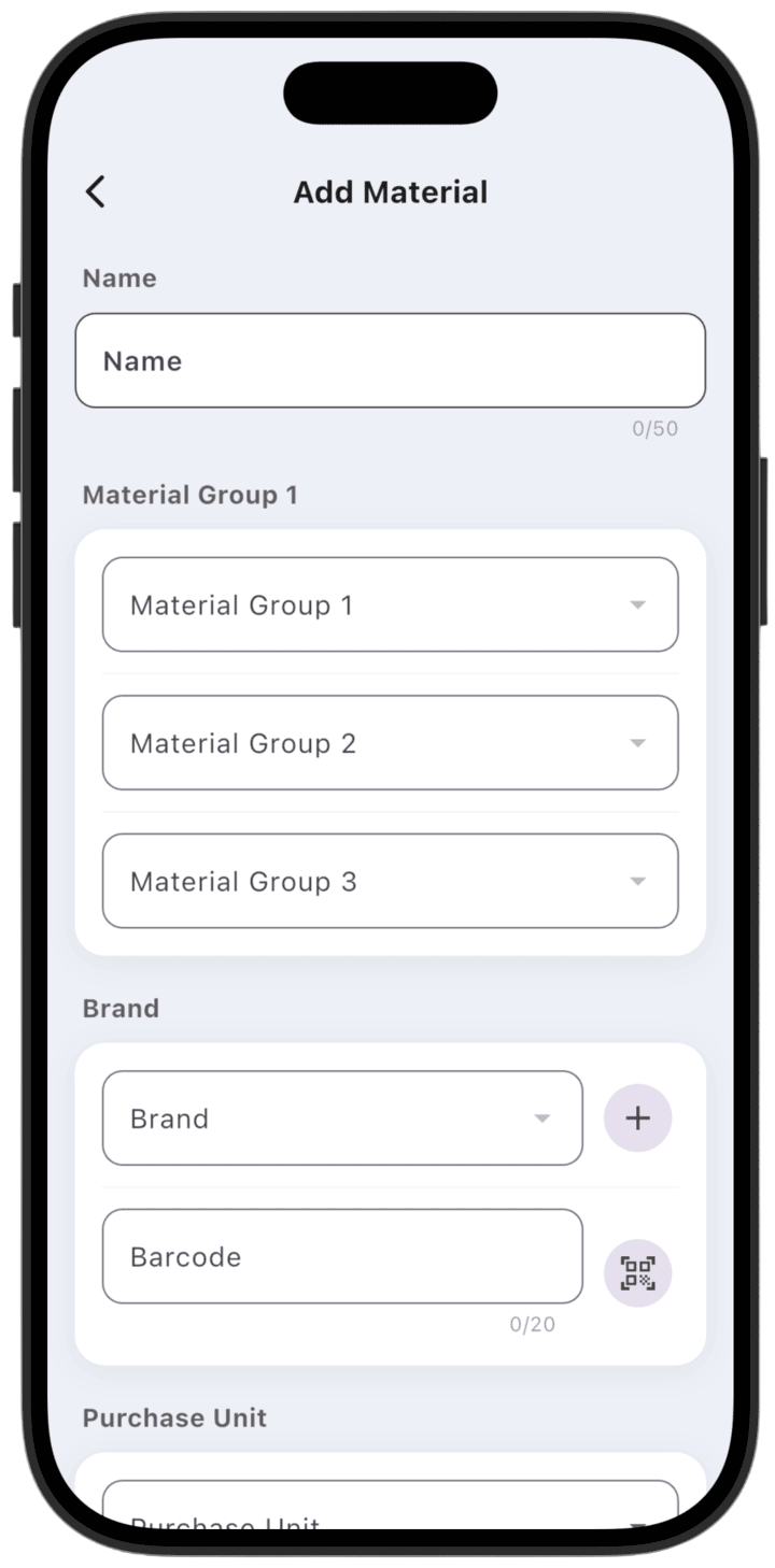Screenshot: Enter the material name — this is a required field.