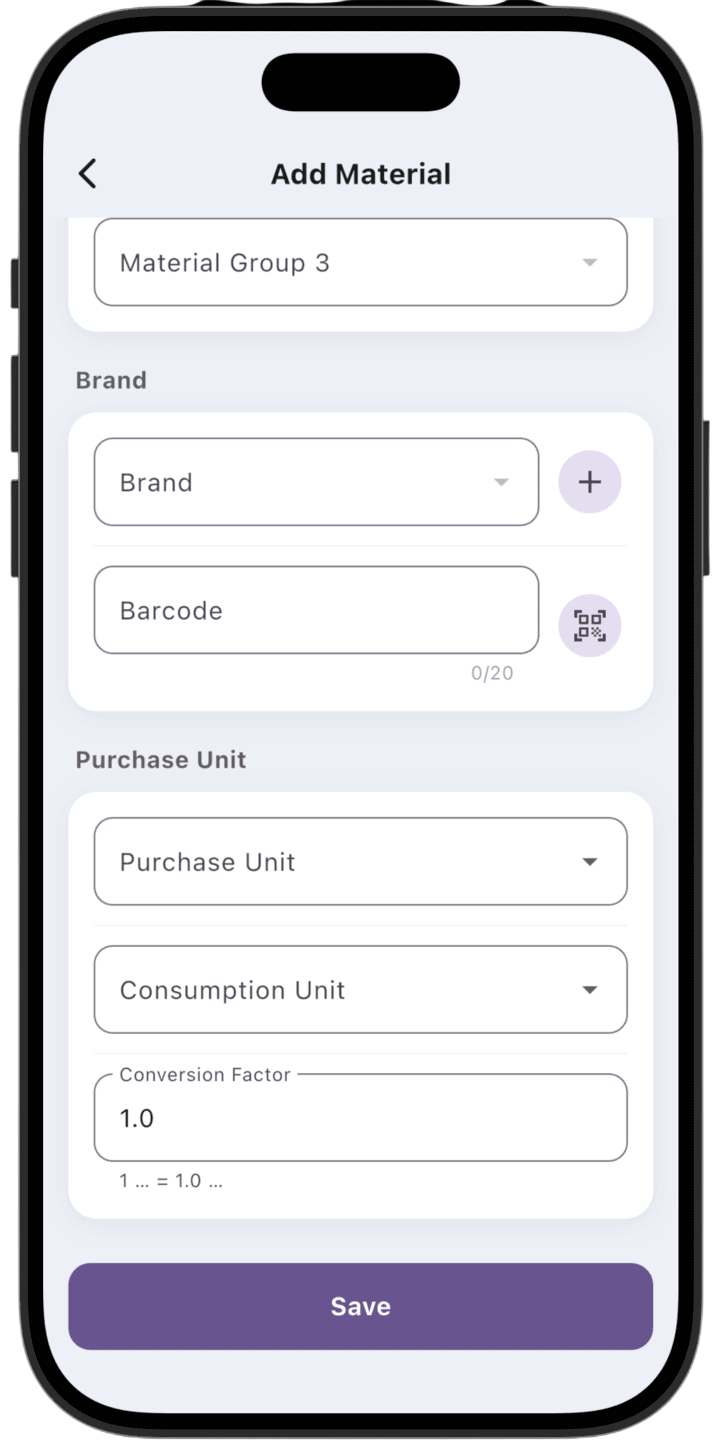 Screenshot: Specify purchase units (kg, pcs, L), consumption/sale units (mL, g), and the conversion factor from purchase unit to consumption/sale unit (for example, 1 pcs = 1000 g).