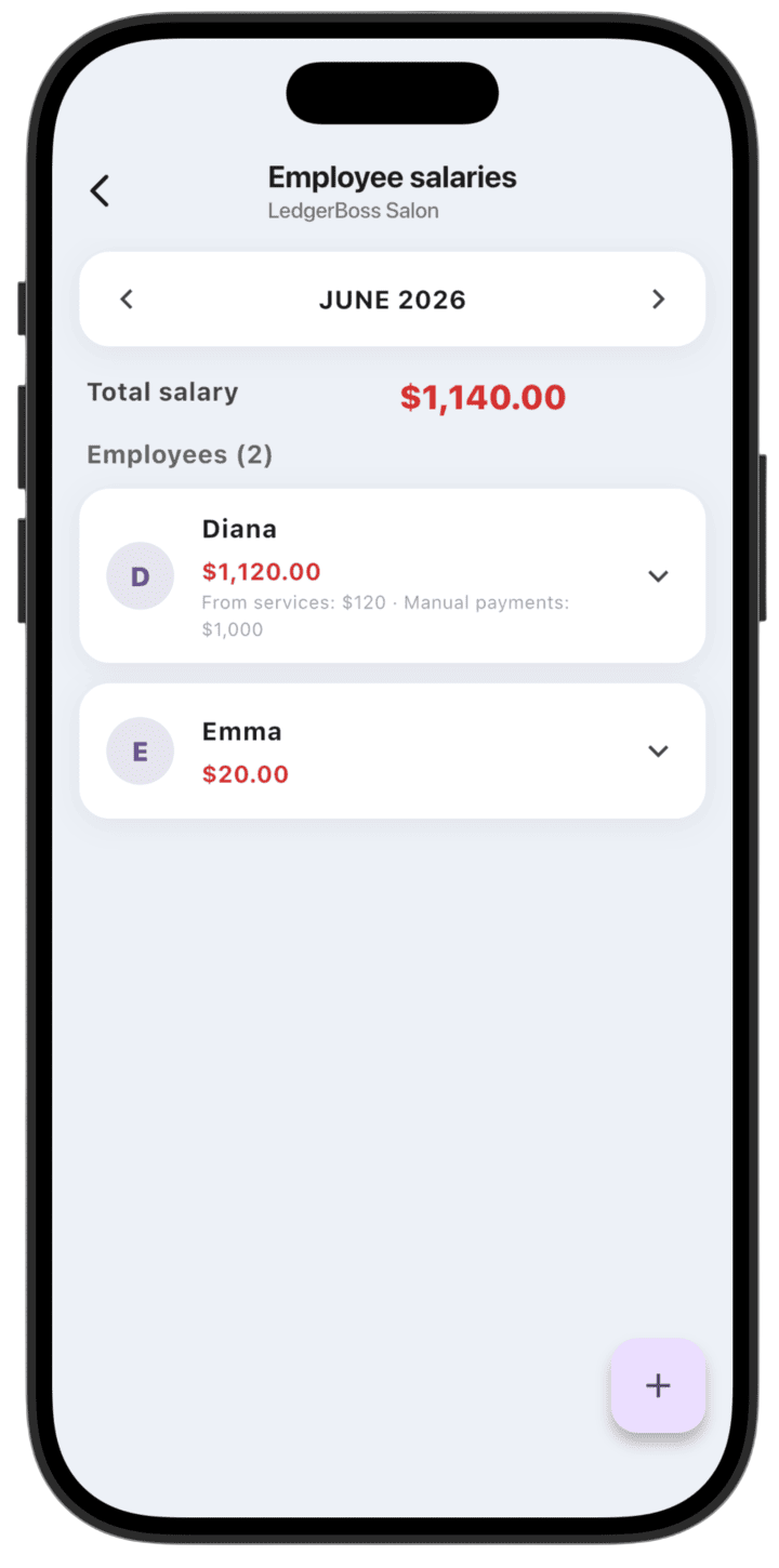 Screenshot: To record an employee salary payment, tap the + button in the bottom-right corner.