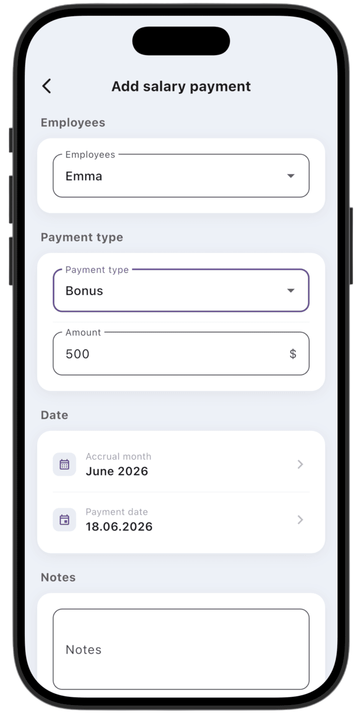Screenshot: Select the employee and payment type (salary, bonus, compensation), enter the amount, and tap **Save**.