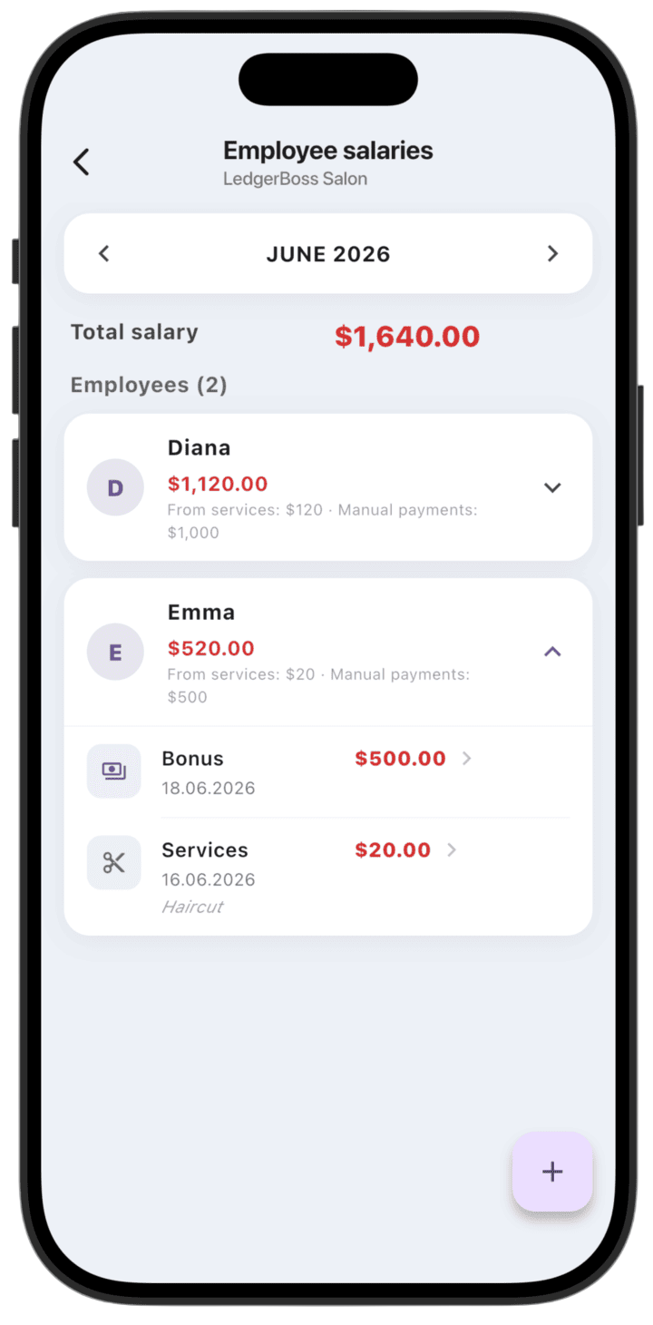 Screenshot: A posted payment appears in the list. You can expand payments by employee by tapping the employee name.