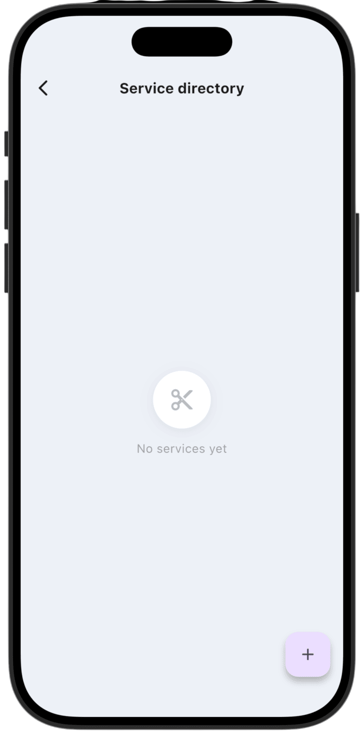 Screenshot: To add a new service, tap the + button at the bottom of the screen.