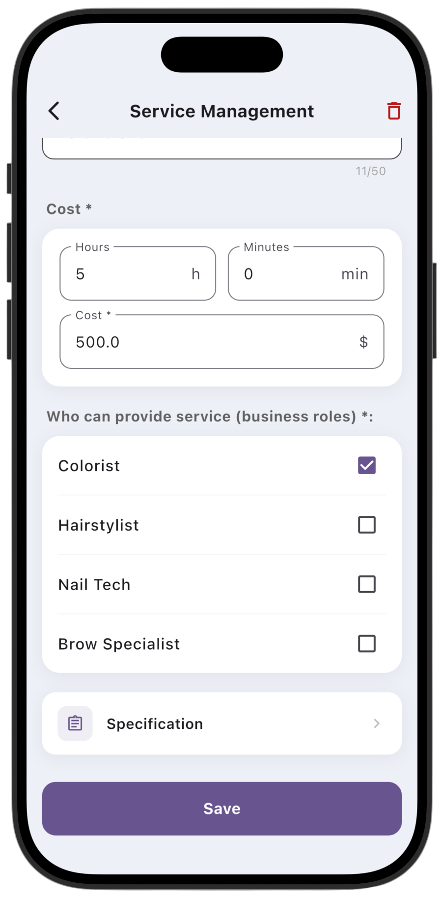 Screenshot: Enter the service name, planned duration in hours and minutes, and service price; select business roles that can provide this service. To create a service specification, tap **Specification**.