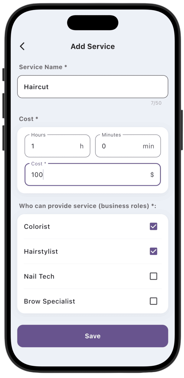 Screenshot: One service can be provided by employees with different business roles.