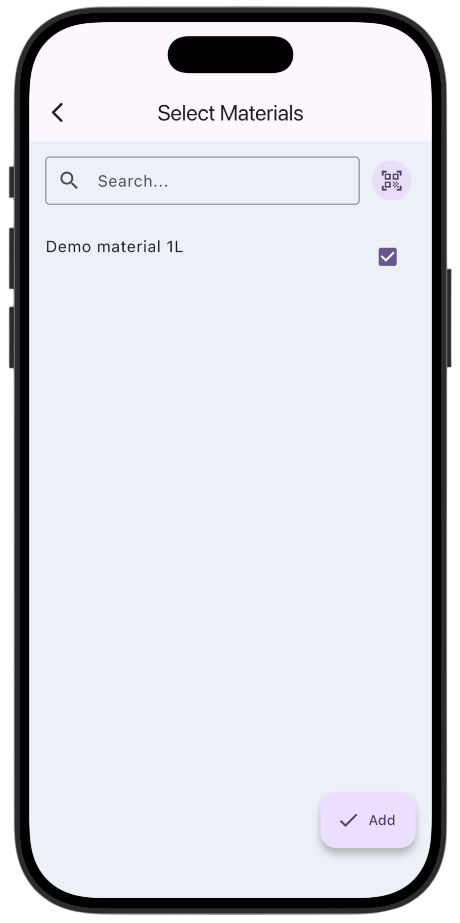 Screenshot: Select materials for the specification and tap **Add**.