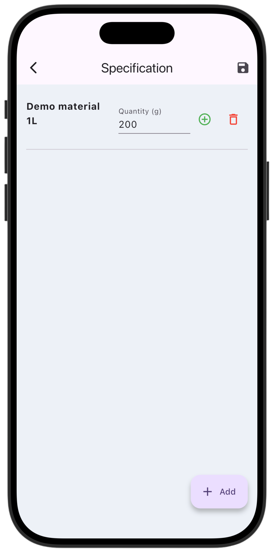 Screenshot: Set consumption norms for each material and tap save (💾) at the top of the screen.