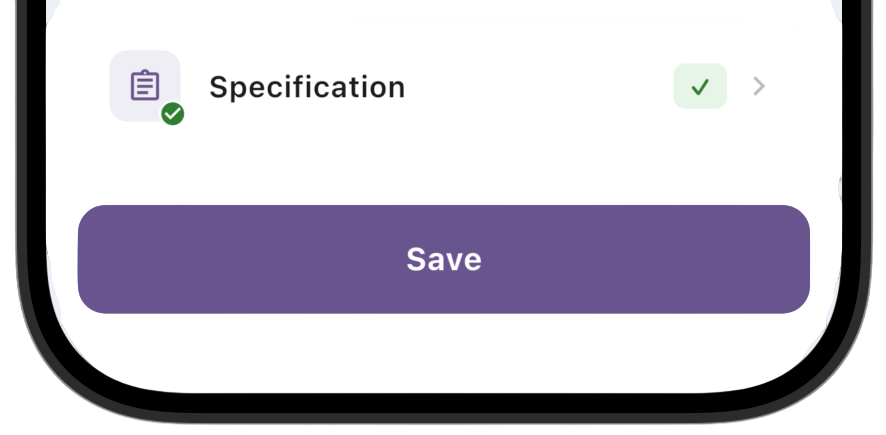 Screenshot: After creating the specification, a green indicator appears on the **Specification** button, meaning the specification is filled in.