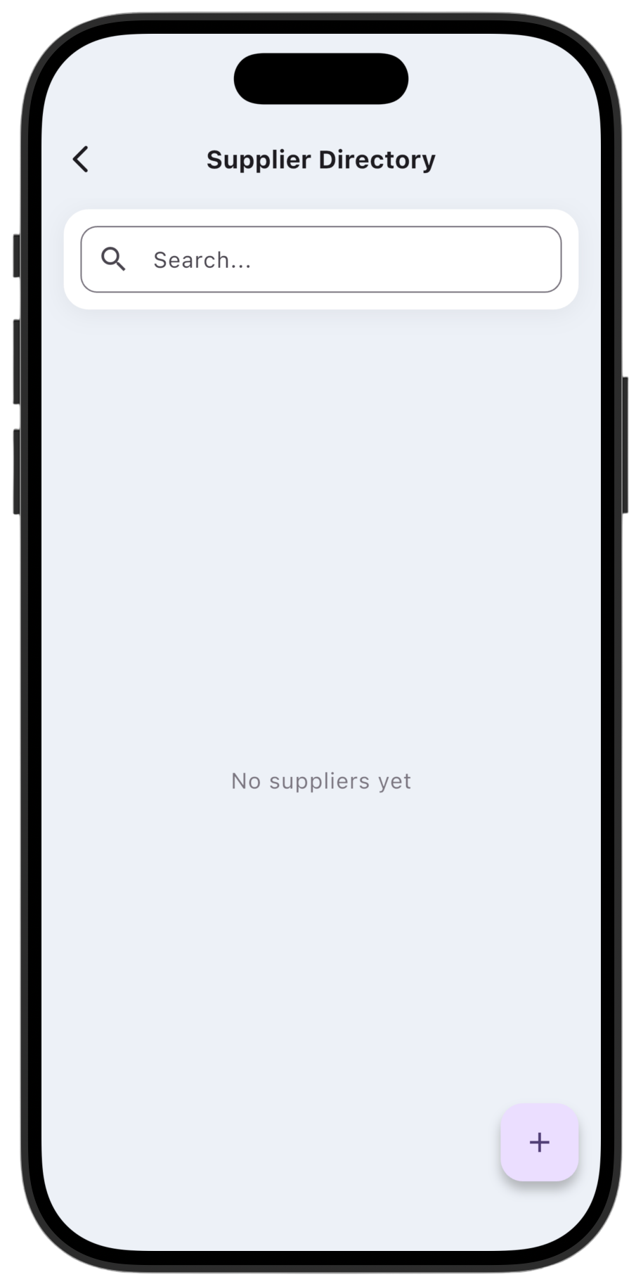 Screenshot: To add a new material supplier, tap the + button at the bottom of the screen.