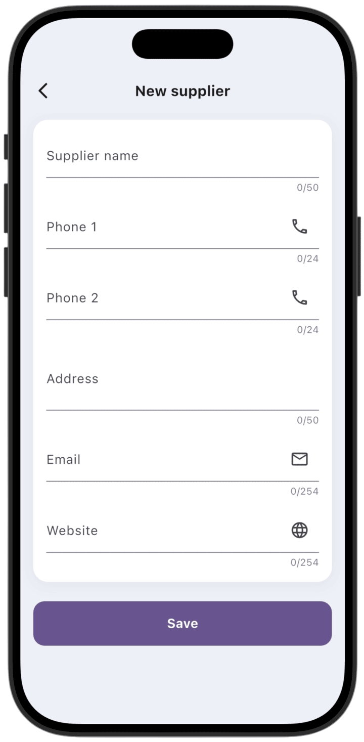Screenshot: Enter **Supplier name**; other fields are optional, then tap **Save**.