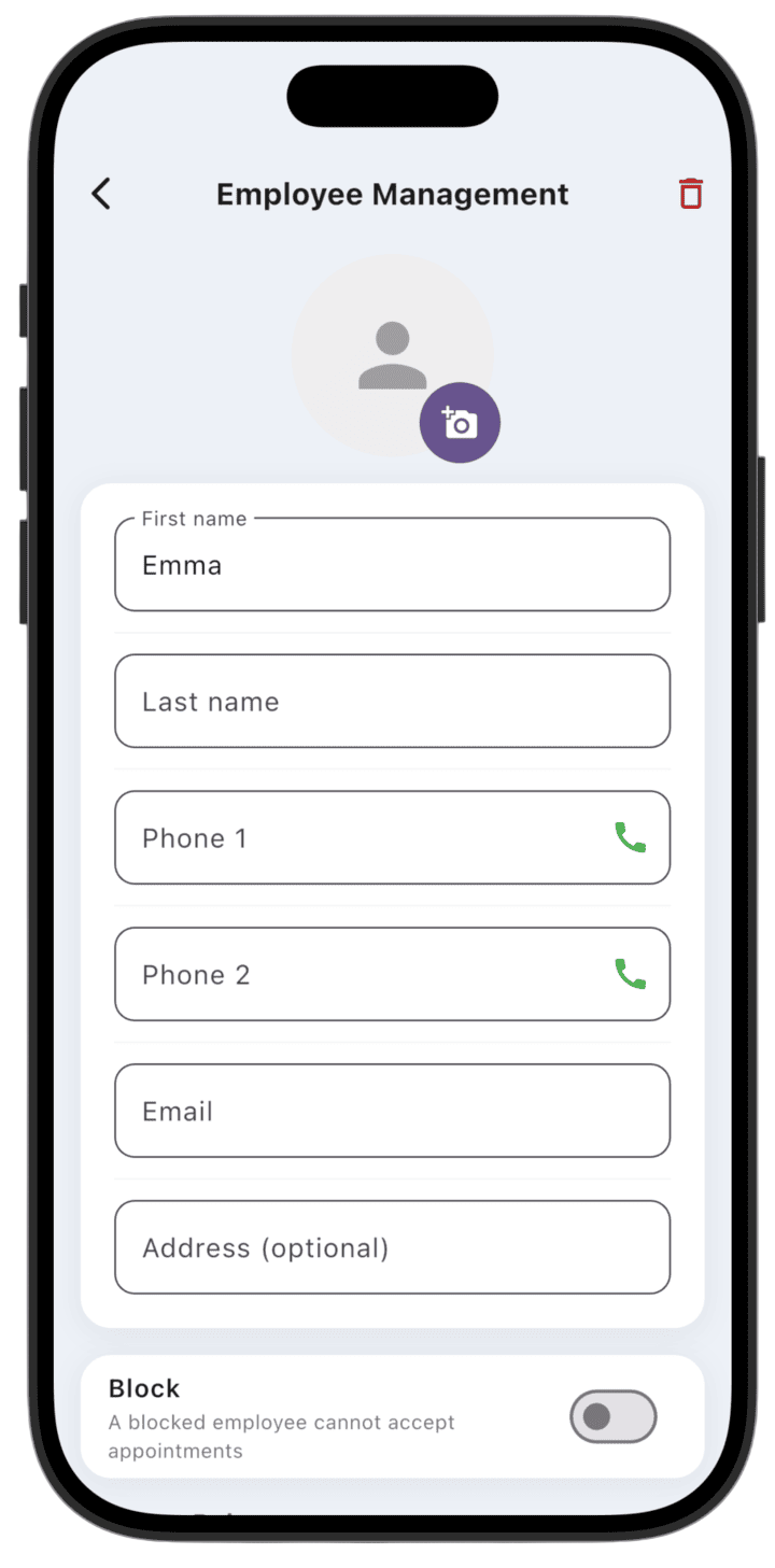 Screenshot: You can delete an employee profile using the trash icon at the top of the screen or block them with **Block**. After blocking, the employee cannot connect to your business.