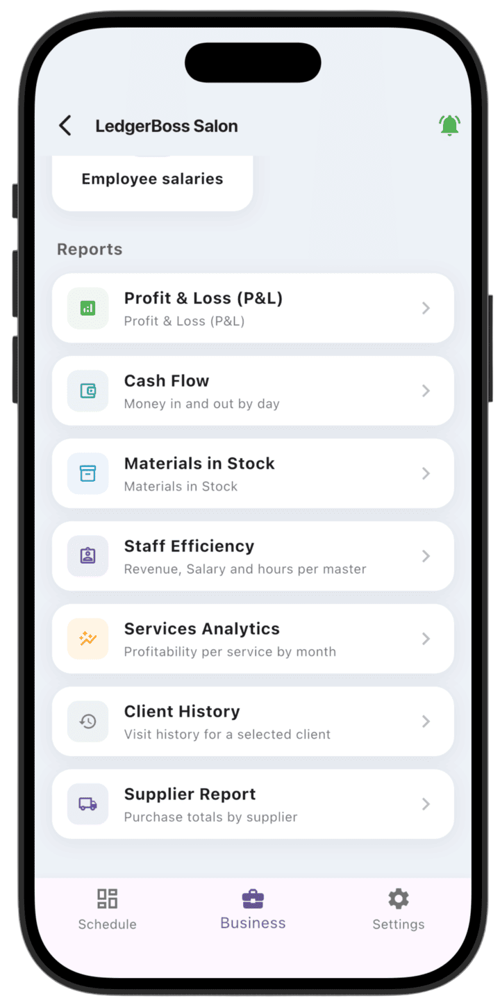 Screenshot: Report list in the Business menu