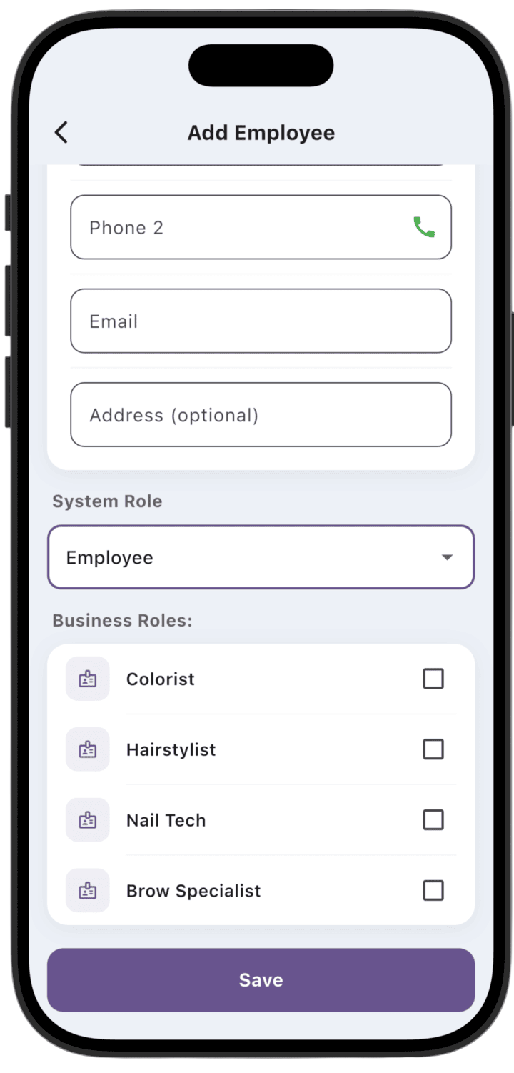 Screenshot: Add new employee. System role