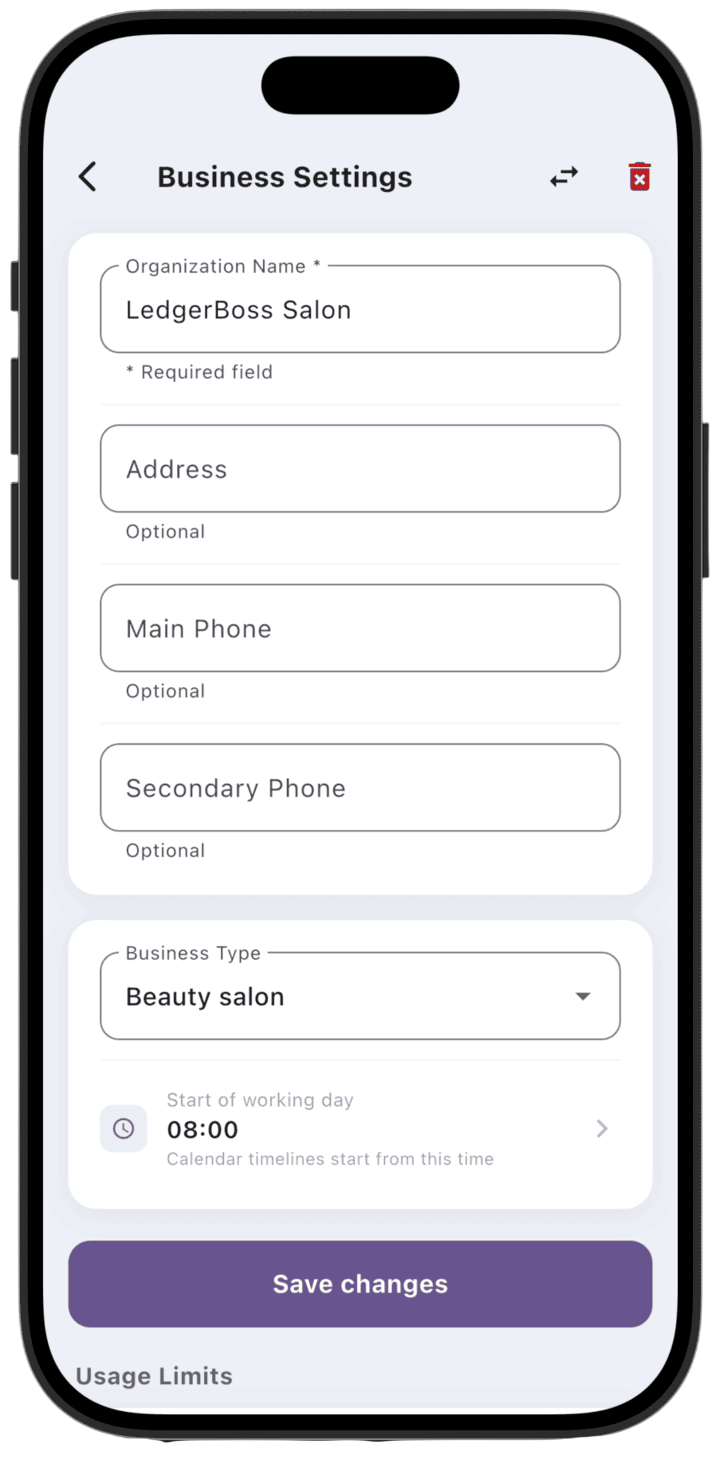 Screenshot: Business settings