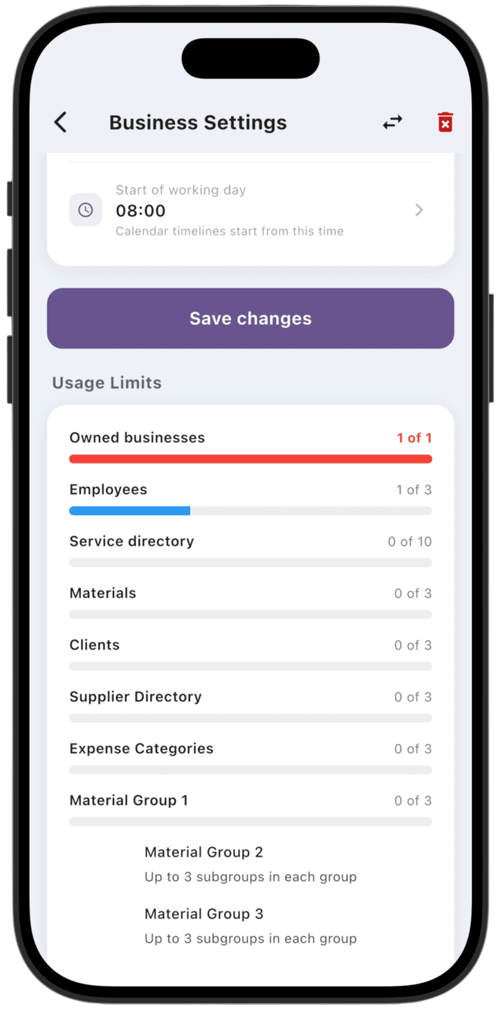 Screenshot: Business settings