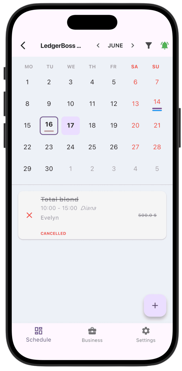 Screenshot: On schedule views, a canceled service is shown in red.