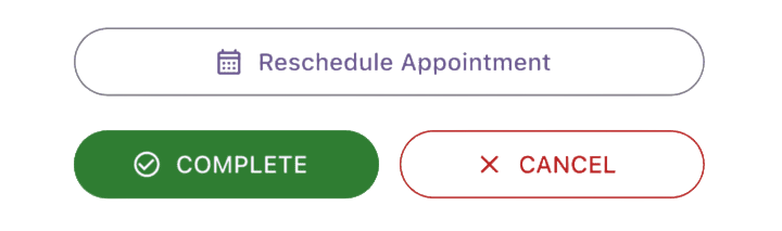 Screenshot: Complete service, reschedule date/time, and cancel service buttons.