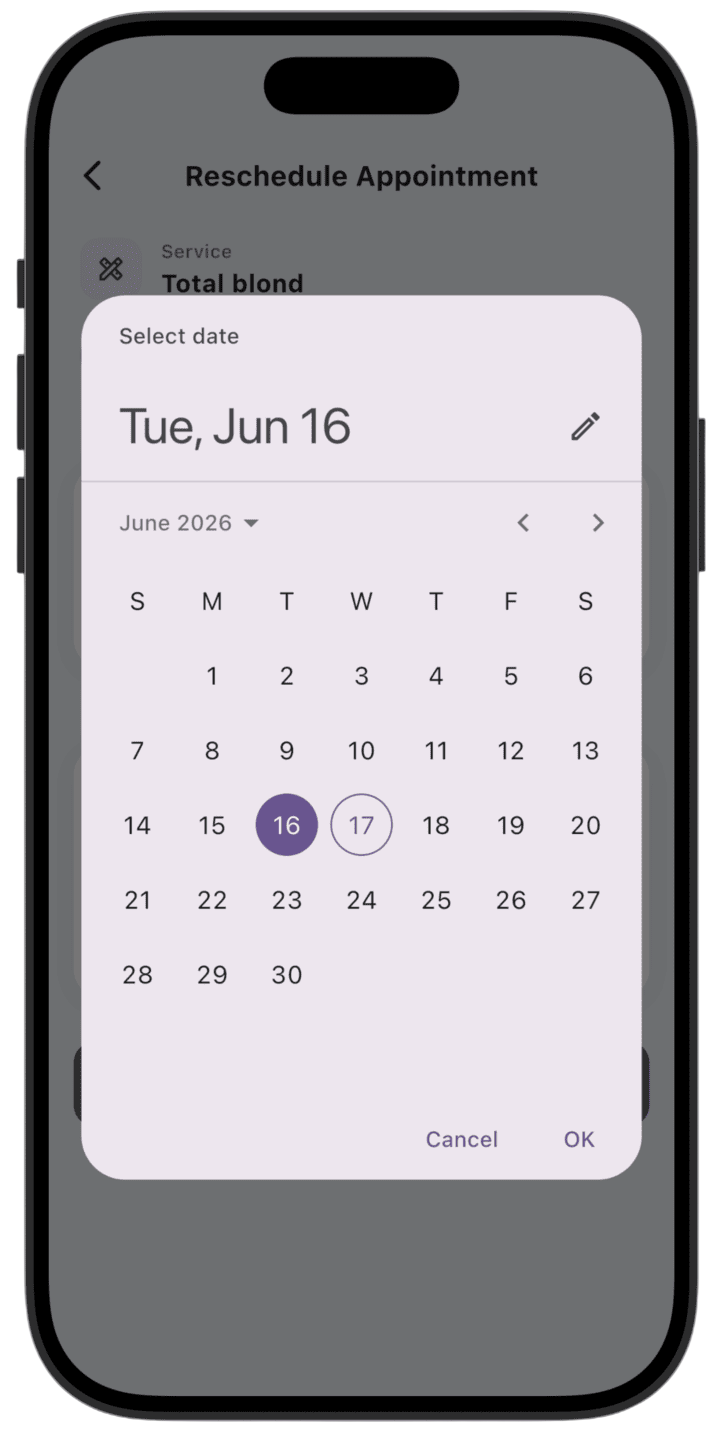 Screenshot: Select a new date for the service.