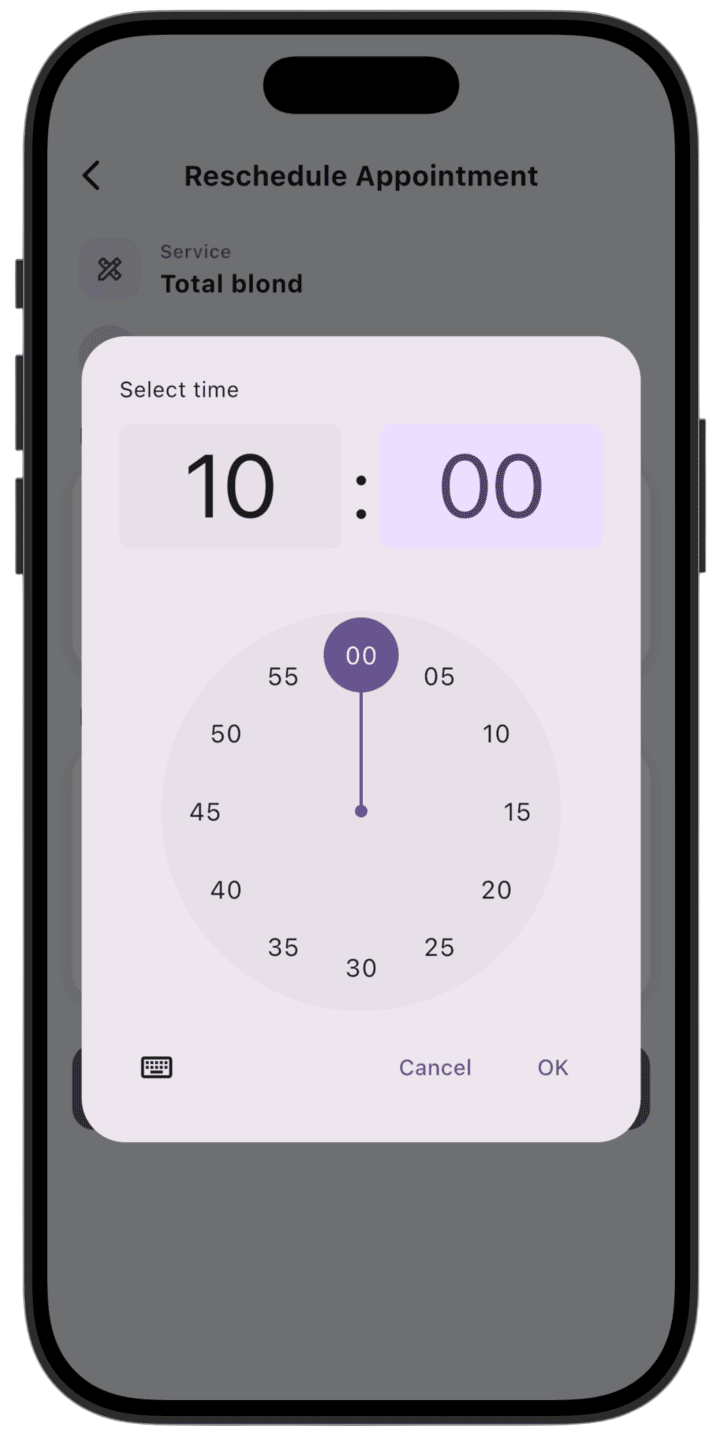 Screenshot: Select a new time for the service.