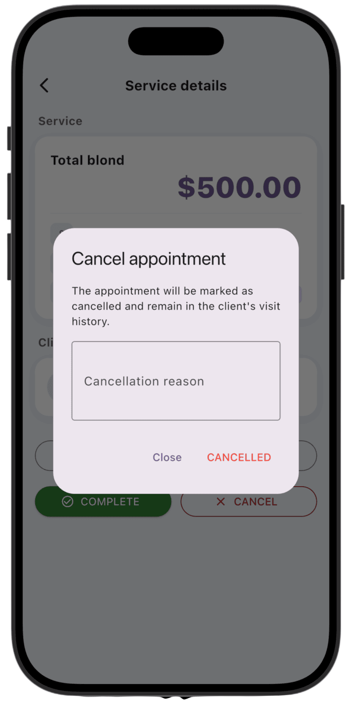 Screenshot: Enter the reason for canceling the service.