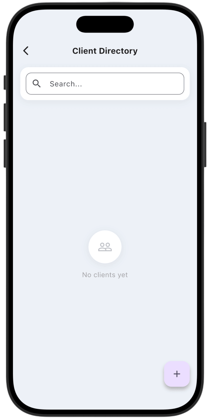 Screenshot: To add a new client, tap the + button at the bottom of the screen.