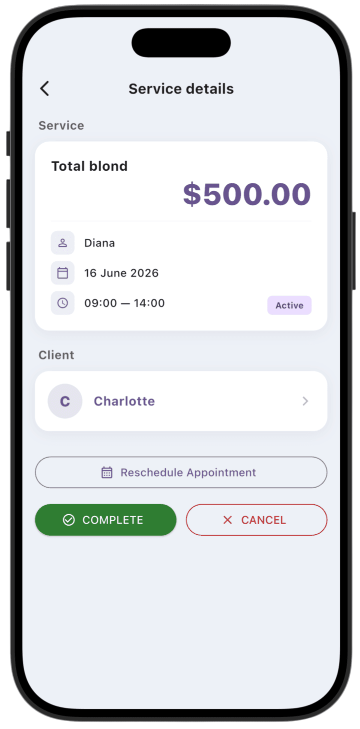 Screenshot: To complete a service appointment, open service details and tap **Complete**.