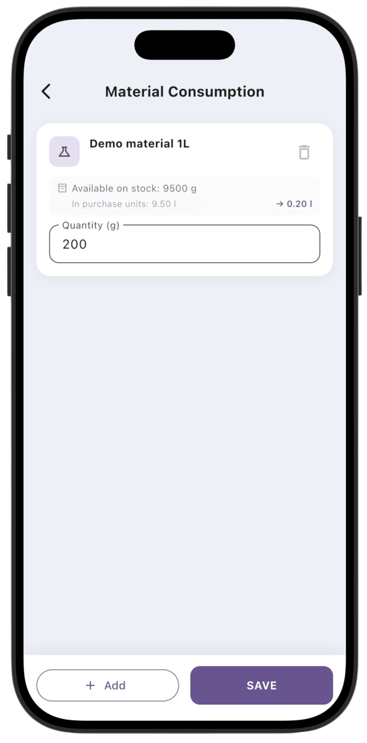 Screenshot: If the service has a specification, materials are loaded automatically; you can enter quantities used (in consumption units) or add more materials. Then tap **Save**.