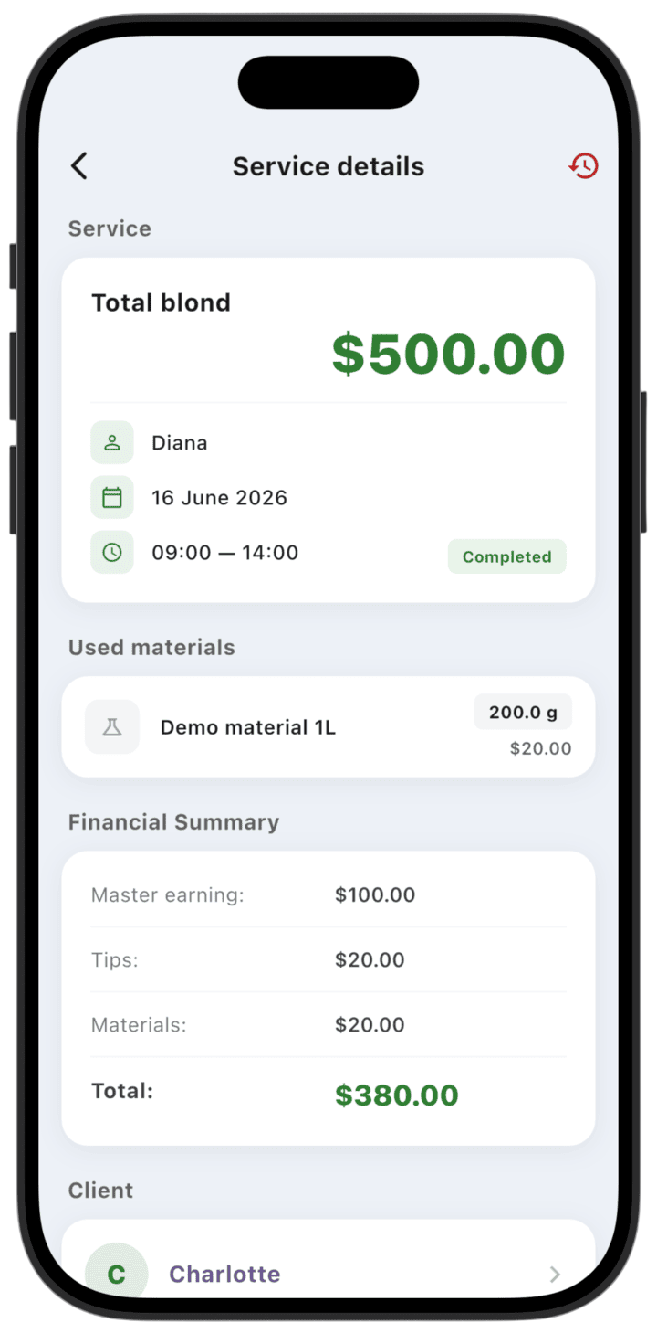 Screenshot: This is how a confirmed service looks.