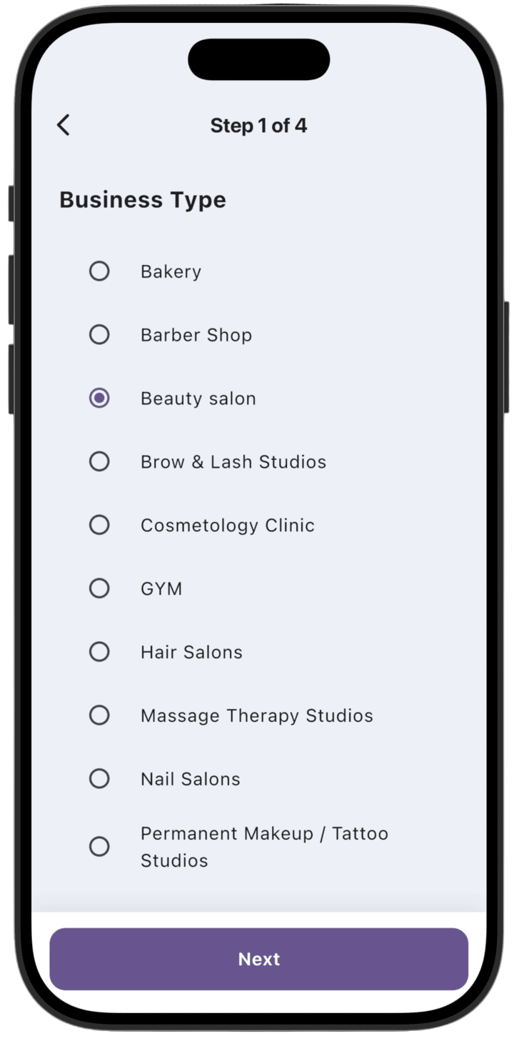 Screenshot: Create business. Step 1