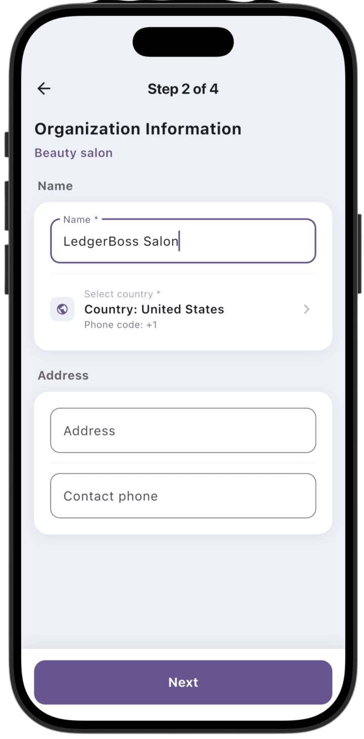 Screenshot: Create business. Step 2