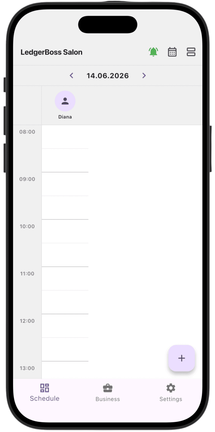 Screenshot: To create a new service appointment, tap the purple + button in the bottom-right corner.